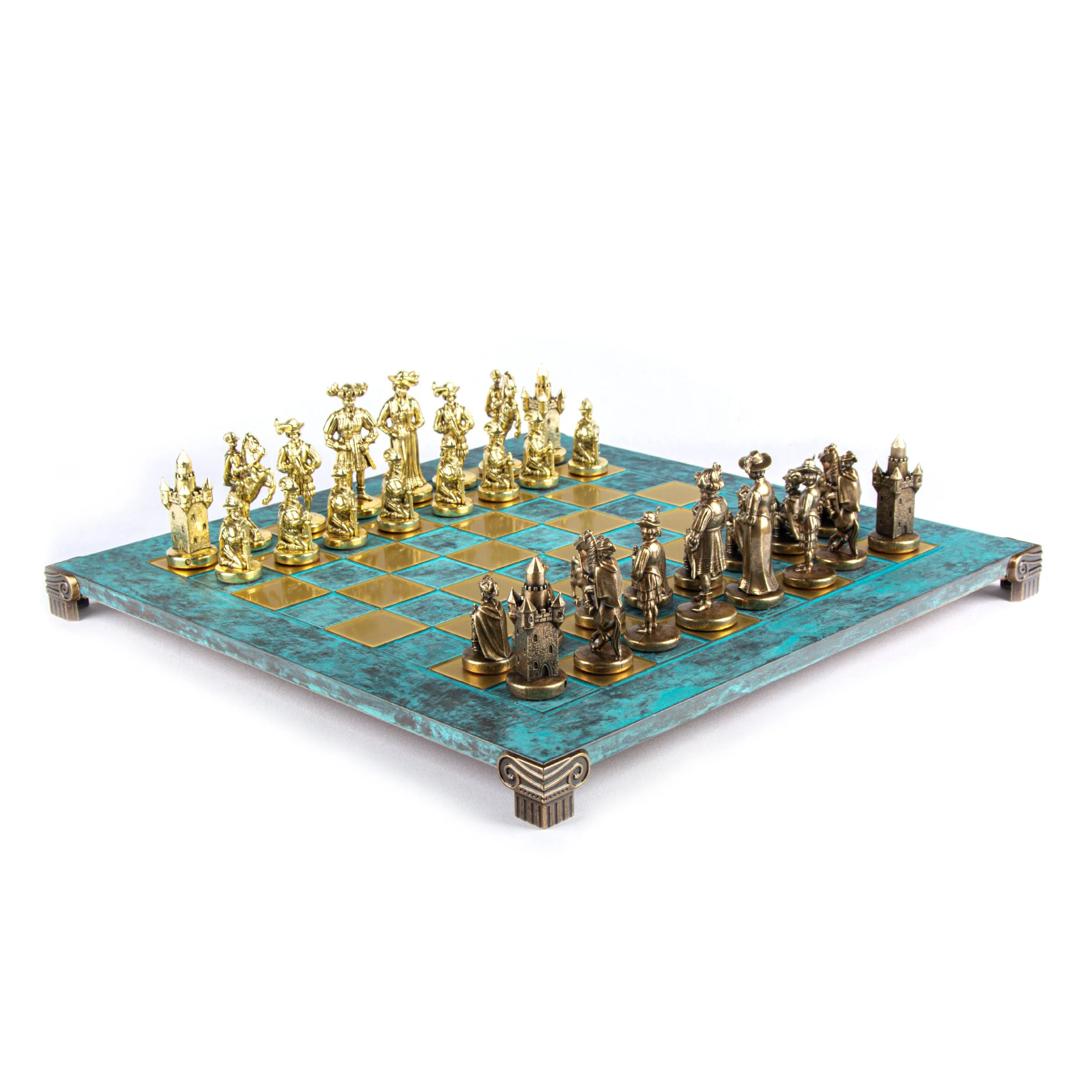 Handcrafted Medieval Knights Chess Set - Brown/Gold Chessmen with Bronze Chessboard (Large)
