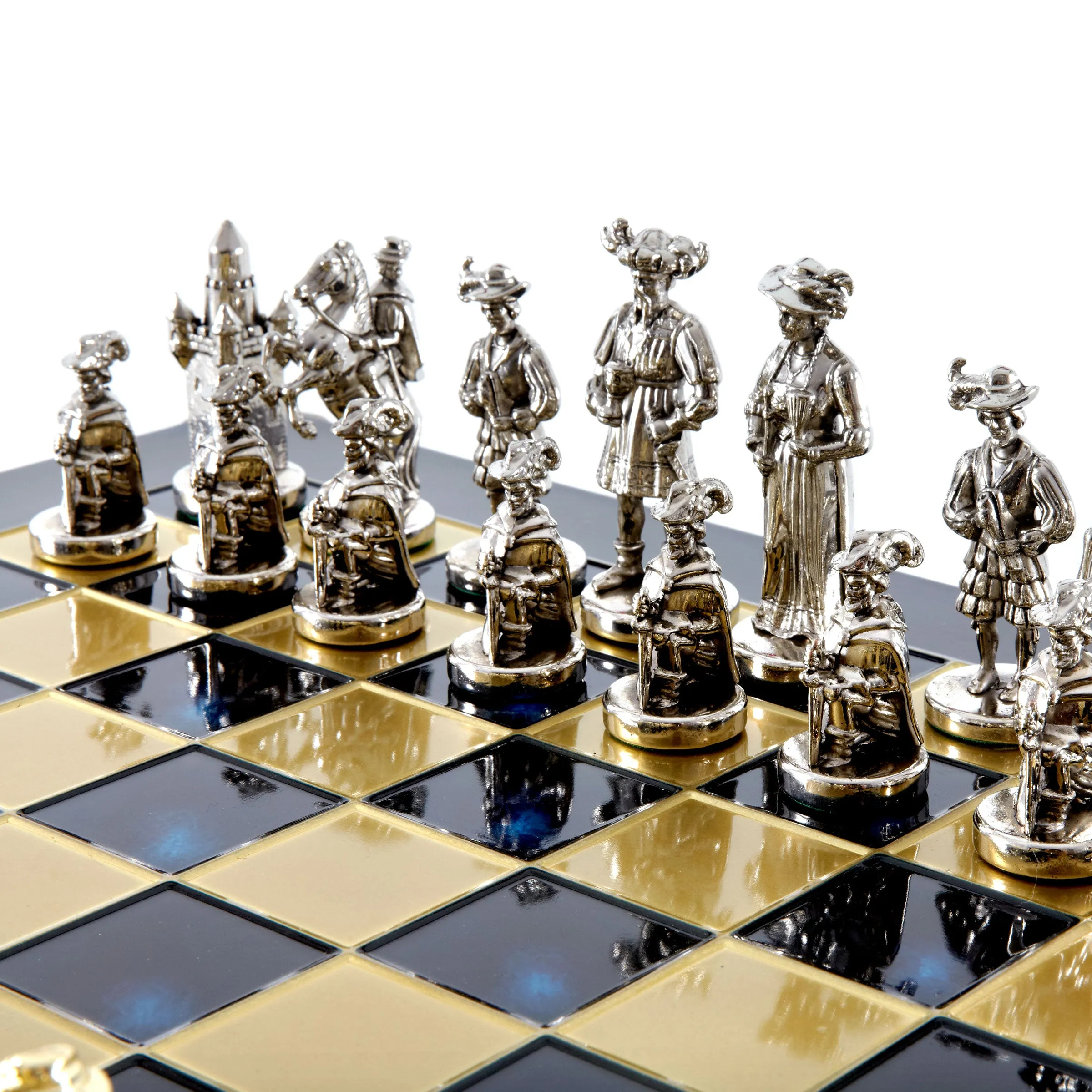 Handcrafted Medieval Knights Chess Set - Gold/Silver Chessmen and Bronze Chessboard  (Large)